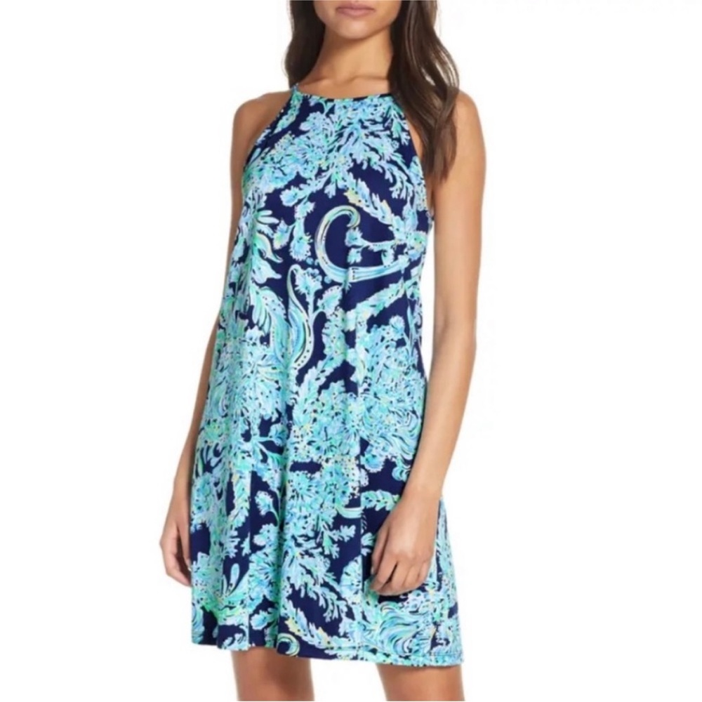 Lilly Pulitzer Navy Blue and Aqua Printed Halter Shift Dress 100% Pima Cotton